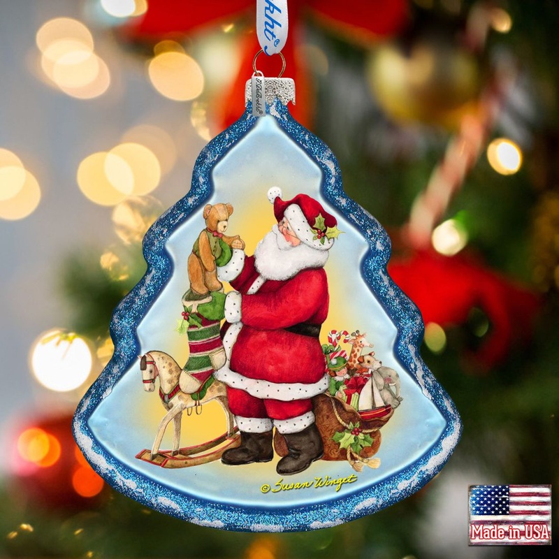 Santas Workshop Glass Ornament by Susan Winget – Christmas Santa and Snowman Decor – 762-203-SW