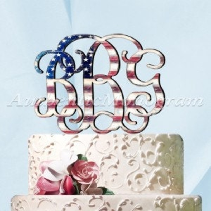 Wedding Cake Topper – Wooden Cake Topper – Custom Three Letter Vine Wooden Monogram – Patriotic Americana – 4th of July