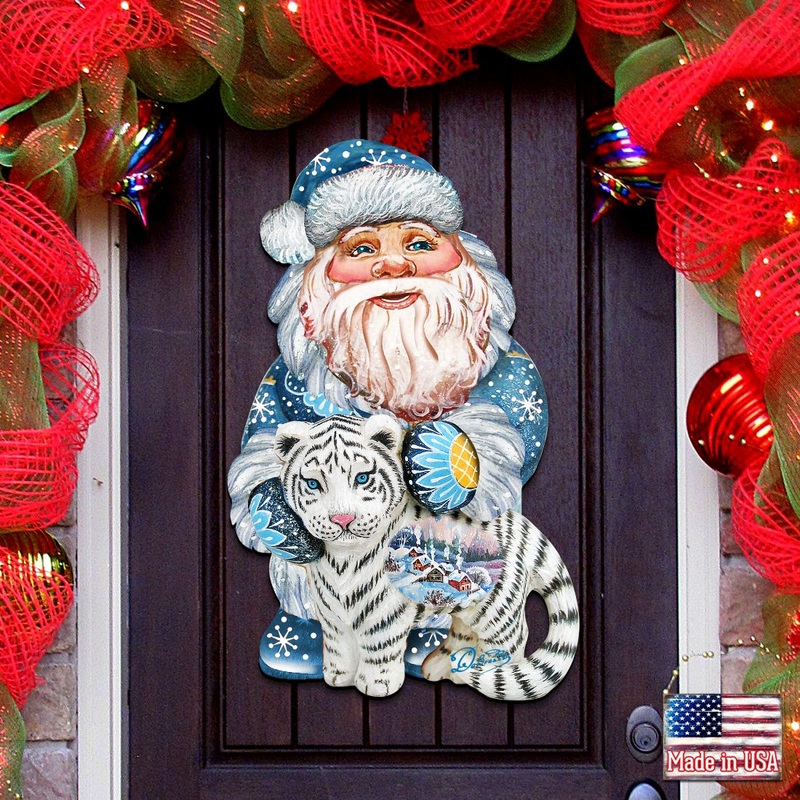 White Tiger Santa Christmas Door Decor by G. DeBrekht – Christmas Santa Snowman Decor – 8118091H