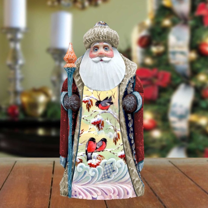 Winter’s Morning Bird Chirping Santa Hand-Painted WOODCARVED Figurine by G. DeBrekht – Wildlife Holiday Decor – 8202012