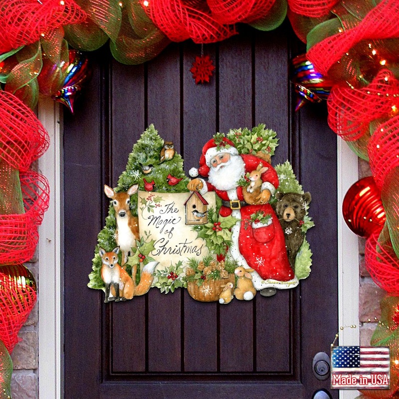 Woodland Playing Santa Door Decor by Susan Winget – Christmas Santa and Snowman Decor – 8471103H-SW