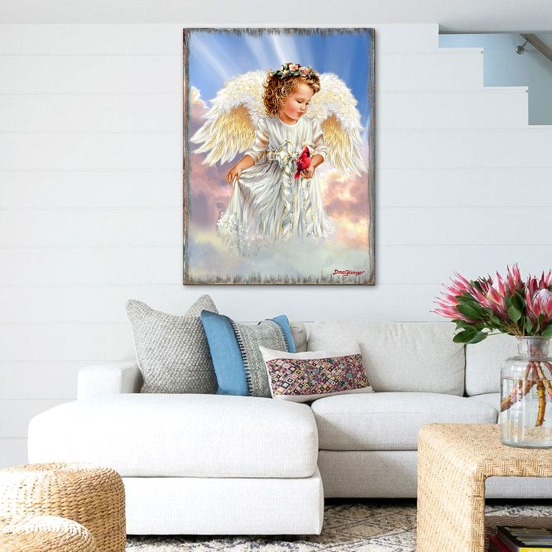 Angel with Cardinal Art Wooden Wall Art by D. Gelsinger – Nativity Holiday Decor – 95676B-DG