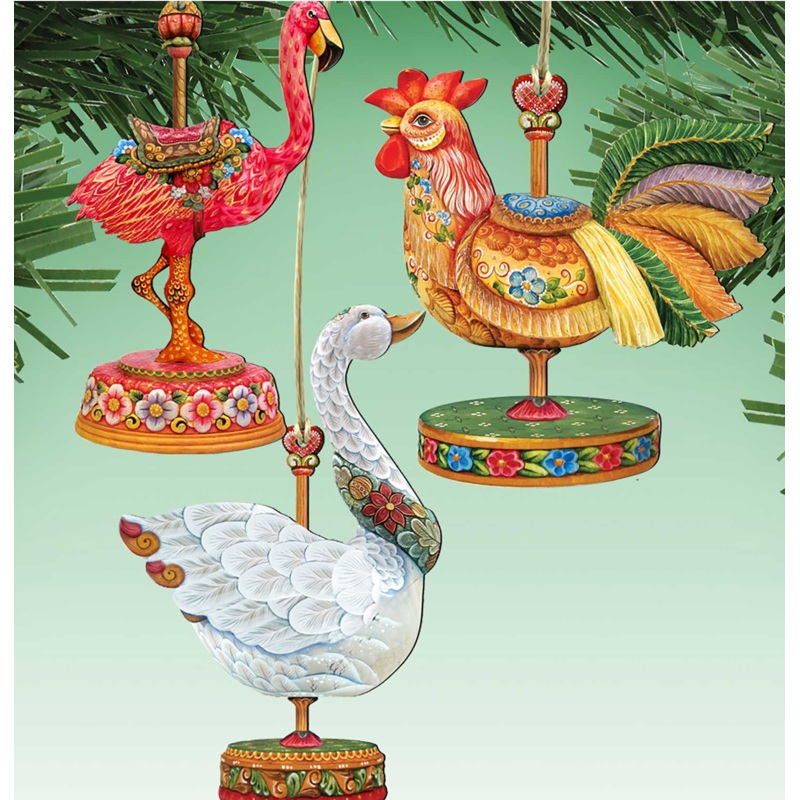 Carousel Wooden Ornaments Rooster, Goose, Flamingo Set of 3 by G. DeBrekht – Christmas Decor – 8100088S3