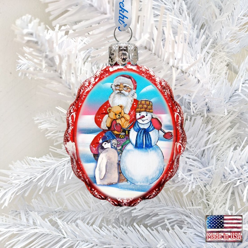 Gift Giving with Snowman Santa Mercury Glass Ornament by G. DeBrekht – Christmas Santa Snowman Decor – 773013-2