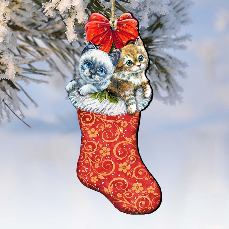 Kitty Cats Christmas Stocking Wooden Ornaments by G. DeBrekht – Christmas Santa Snowman Decor – 8114021