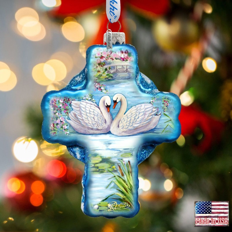 Love of Swans Cross Glass Ornament by G. DeBrekht – Nativity Holiday Decor – 758-012