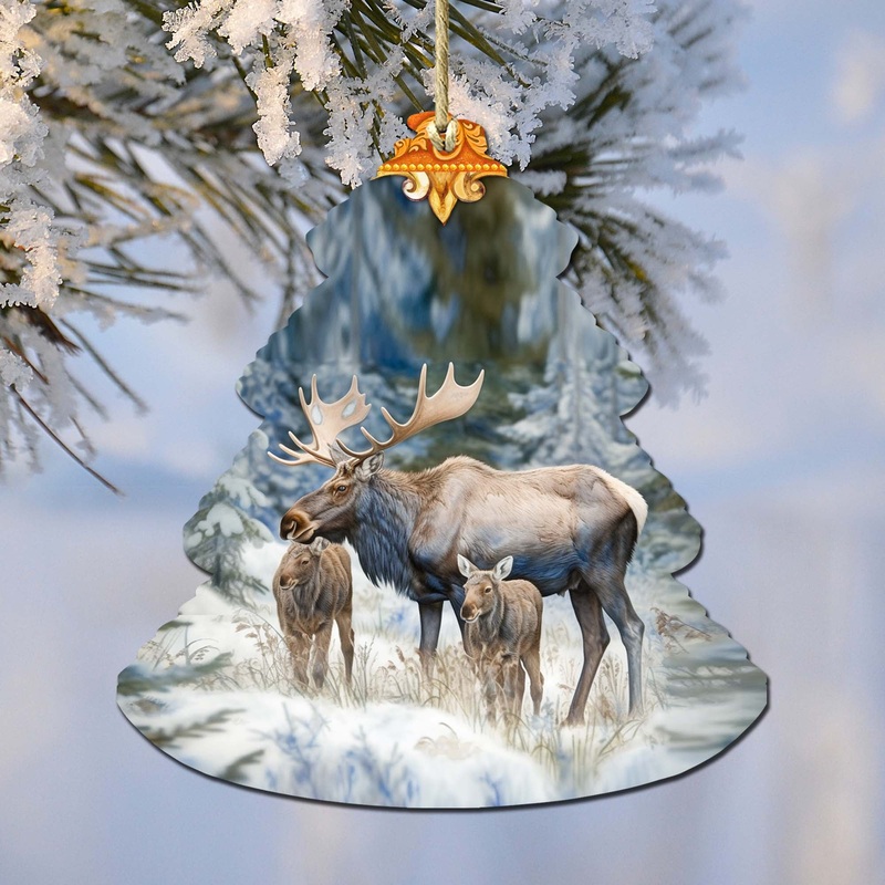 Moose Family Tree Wooden Ornaments by  – Wildlife Holiday Decor – 870004