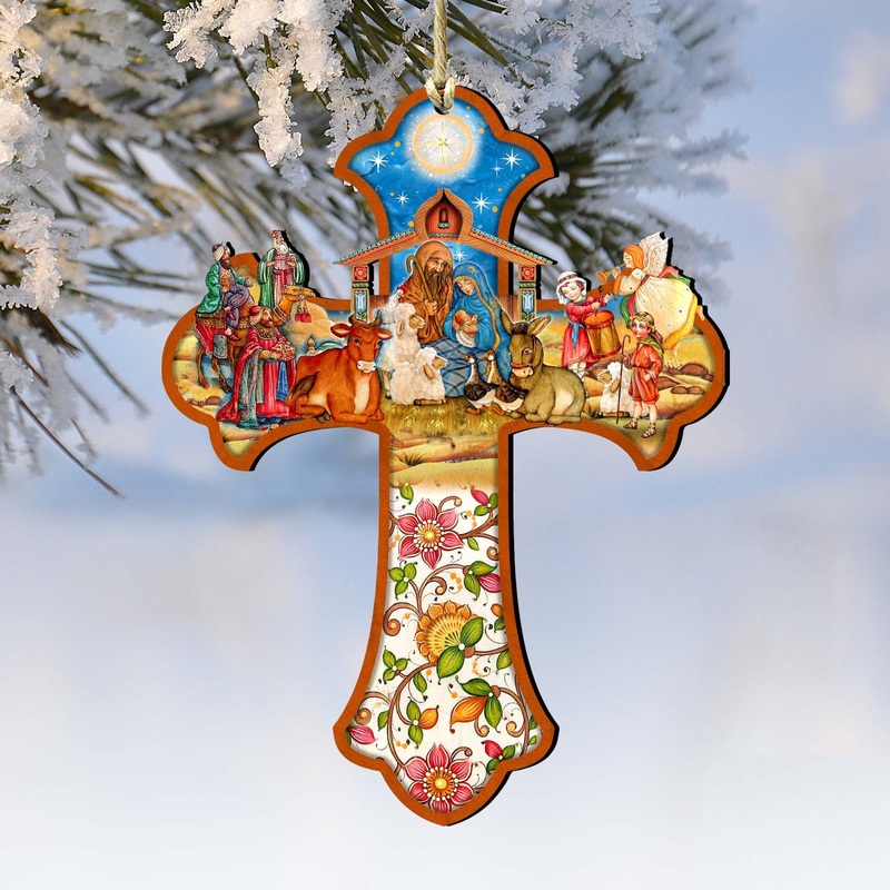 Nativity Cross Wooden Ornaments by G. DeBrekht – Nativity Holiday Decor – 8191164