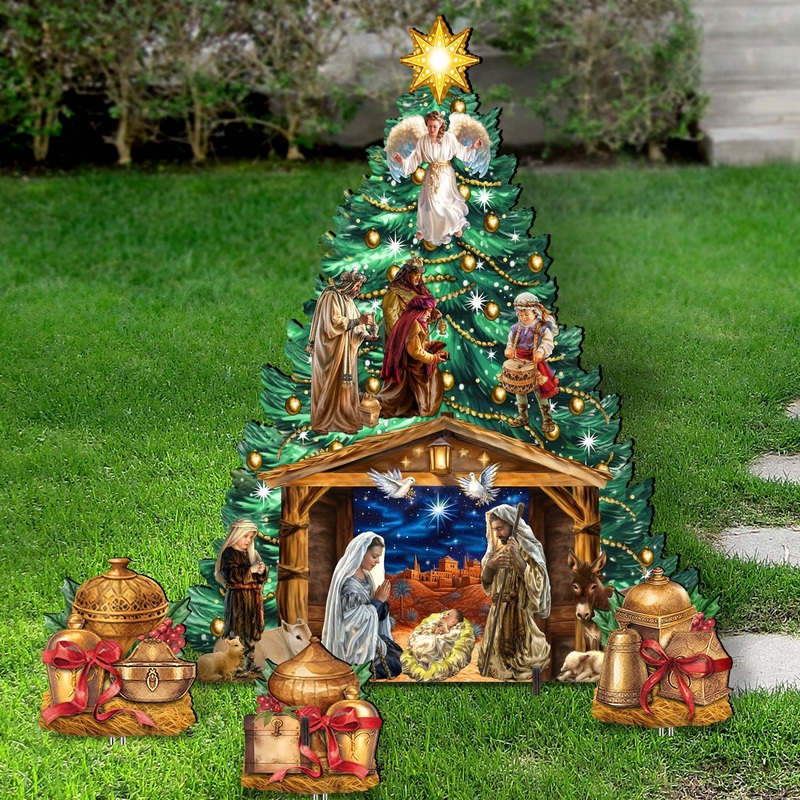 Nativity-Themed Christmas Tree Set Outdoor Indoor Decor Wooden Christmas Decoration by D. Gelsinger Christmas Decor – 8191503F-DG-G