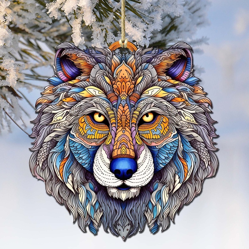 Ornamental Wolf Face Wooden Ornaments by  – Wildlife Holiday Decor – 8710125-2