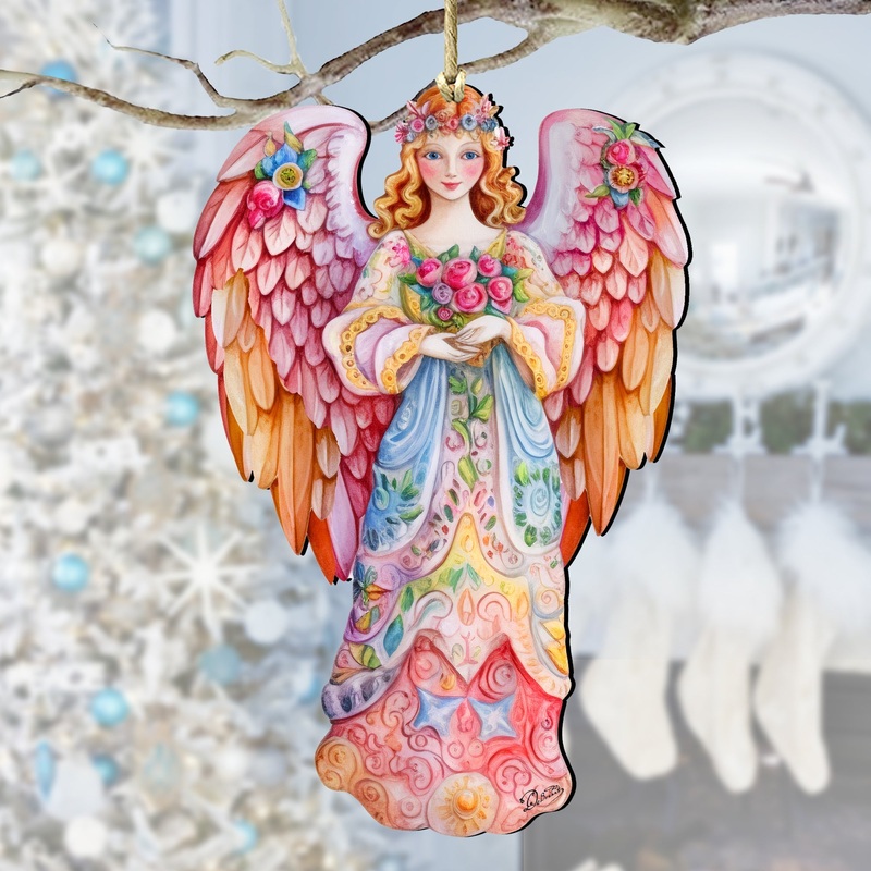 Pink Floral Angel Wooden Ornaments by G. DeBrekht Nativity Holiday Decor – 8611023