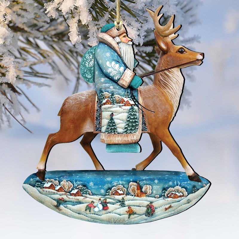 Reindeer Ride Santa Wooden Ornaments by G. DeBrekht – Christmas Santa Snowman Decor – 8151123