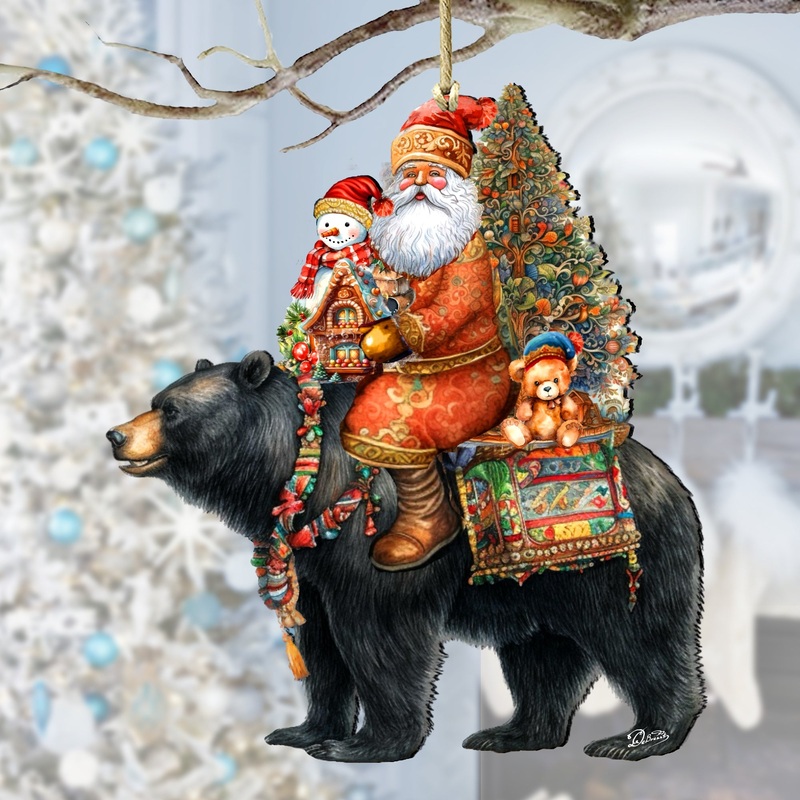 Santa on Black Bear Wooden Ornaments Christmas Santa Snowman Decor – 8611064