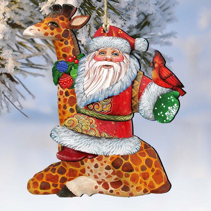 Santa On Giraffe Wooden Ornaments by G. DeBrekht – Christmas Santa Snowman Decor – 8111360