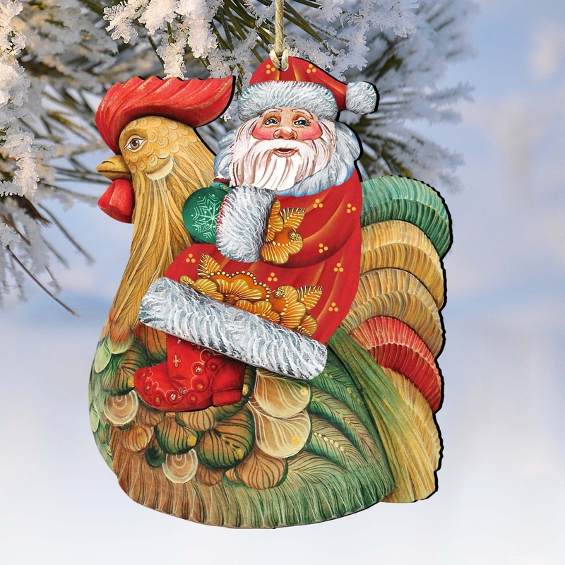 Santa Rooster Wooden Ornaments by G. DeBrekht – Christmas Santa Snowman Decor – 8111340