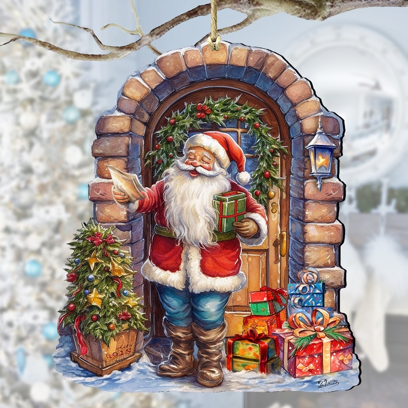 Santa’s Surprise Visit Holiday Wooden Ornaments by G. Debrekht Christmas Santa Snowman Decor – 8611045