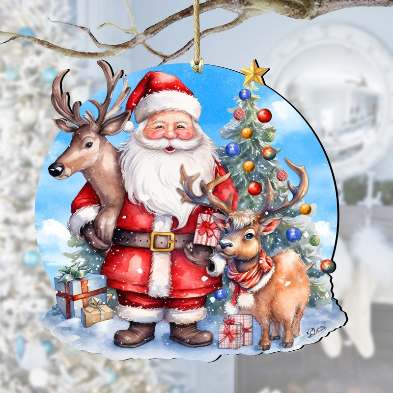 Santa with Reindeer Wooden Ornaments by G. Debrekht Christmas Santa Snowman Decor – 8611032