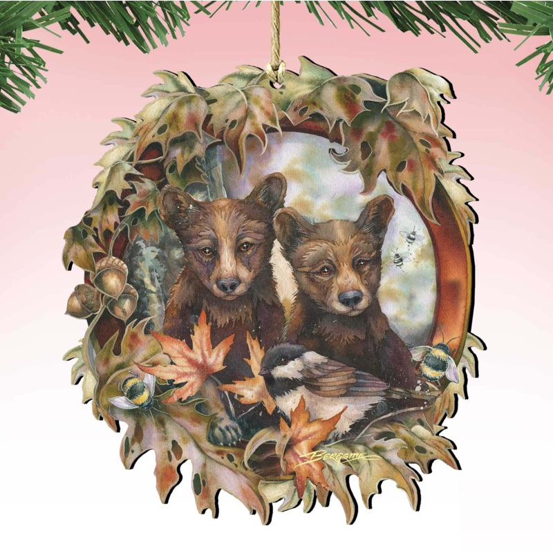 Simple Joys Black Bear Cubs Bees Wooden Ornaments by J. Bergsma – Wildlife Holiday Decor – 8591850-JB