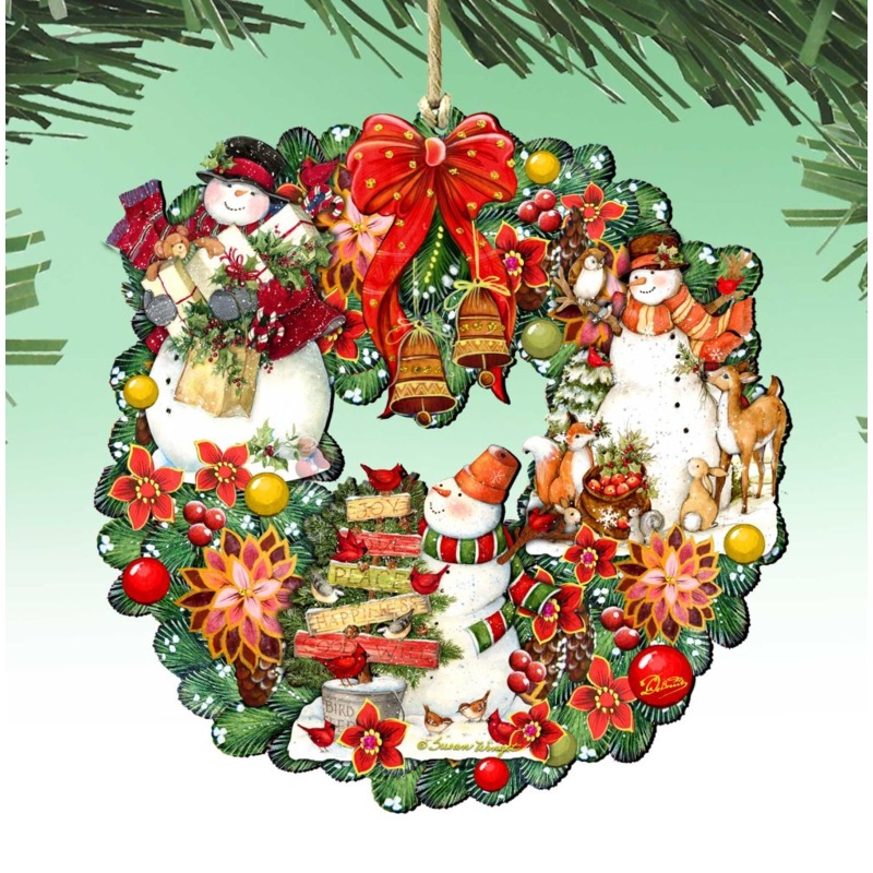 Snowy Christmas Wreath Wooden Ornaments by  and Susan Winget – Santa and Snowman Decor – Item 8185307-4-SW