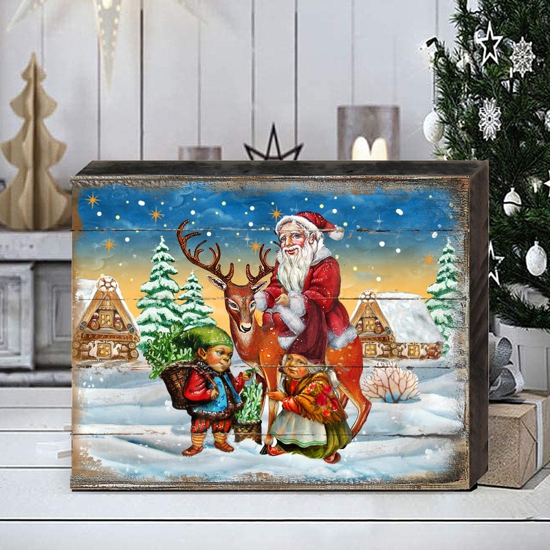 Vintage Reindeer Ride Santa Wooden Wall Art by G. DeBrekht – Christmas Santa Snowman Decor – 8173865B
