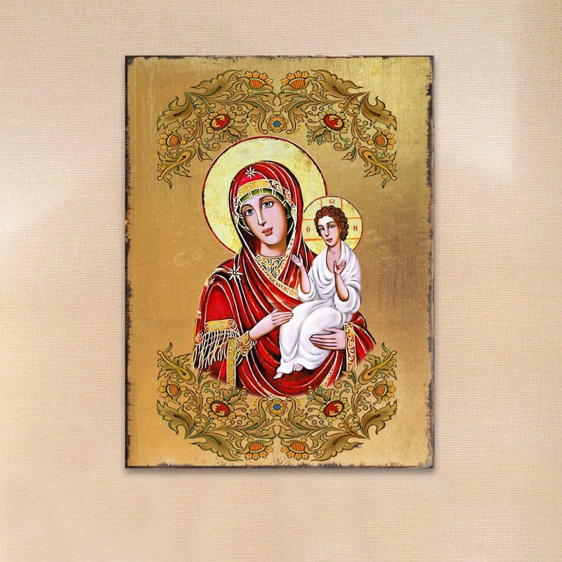 Virgin Mary Directress Wooden Gold Plated Religious Orthodox Sacred Icon – Inspirational Icon Decor – 85029