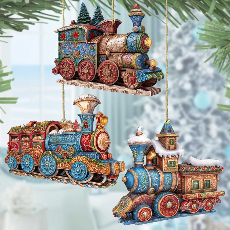 Christmas Train Wooden Ornaments Set of 3 by G. Debrekht – Christmas Decor – 8100198S3