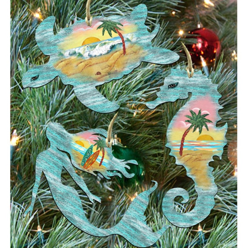 Coastal Wooden Ornaments-Sea Turtle,Mermaid,Seahorse Set of 3 by G. DeBrekht – Coastal Holiday Decor – 8100045S3