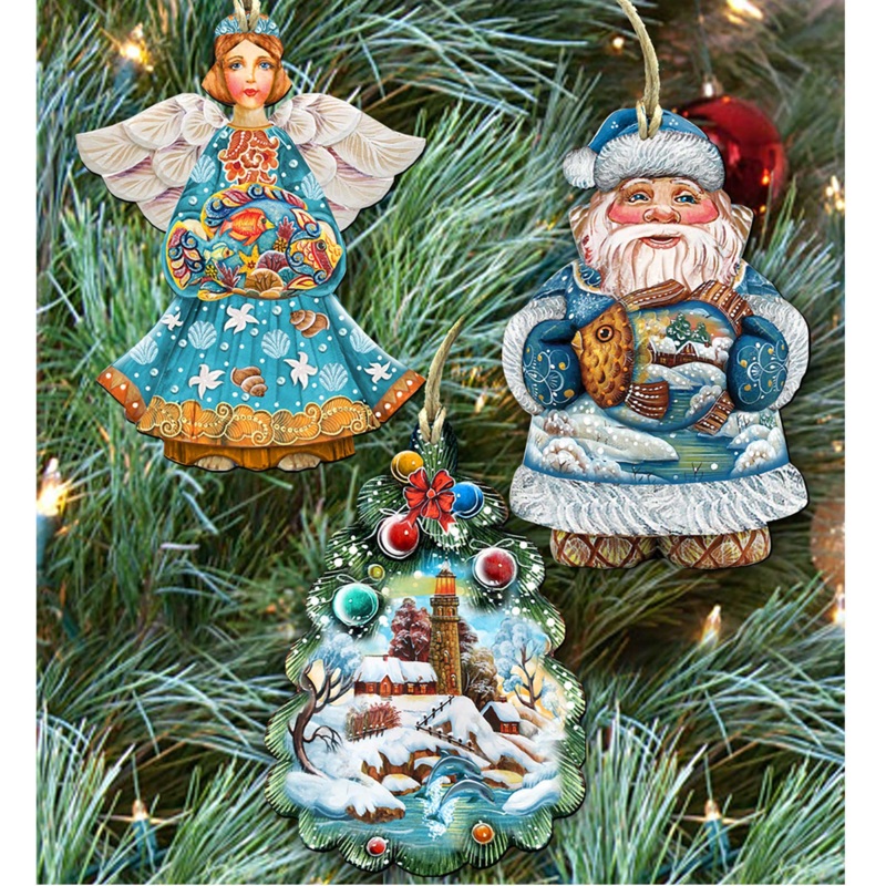 Coastal Wooden Ornaments Set of 3 by G. DeBrekht – Coastal Holiday Decor – 8100036S3