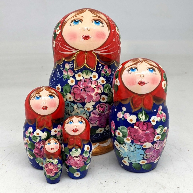 Dark Blue Floral Matreshka Nesting Hand-Painted Dolls Set of 5 by G. DeBrekht – Christmas Decor – 140140-1