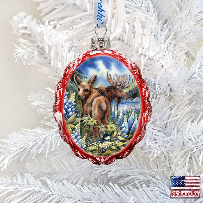 Easily AMoosed in Lupine Mercury Glass Ornament by J. Bergsma – Wildlife Holiday Decor – 7783948-JB