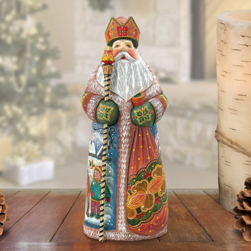 Floral Santa Hand-Painted WOODCARVED Masterpiece by G. DeBrekht – Christmas Santa Snowman Decor – 213303