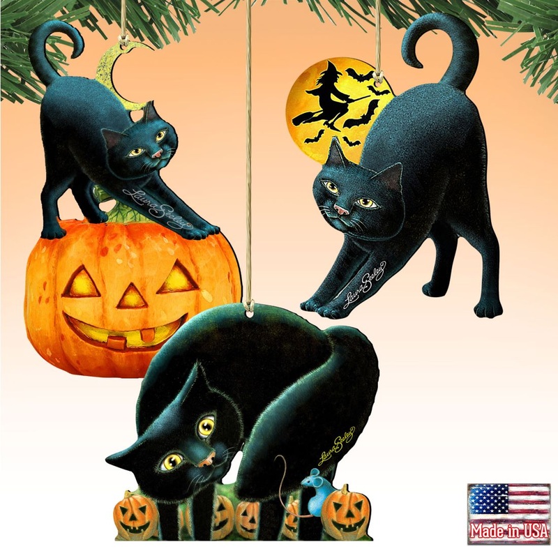 Halloween Wooden Ornaments-Spooky Cats-Set of 3 by G. DeBrekht – Thanksgiving Halloween Decor – 8100188S3