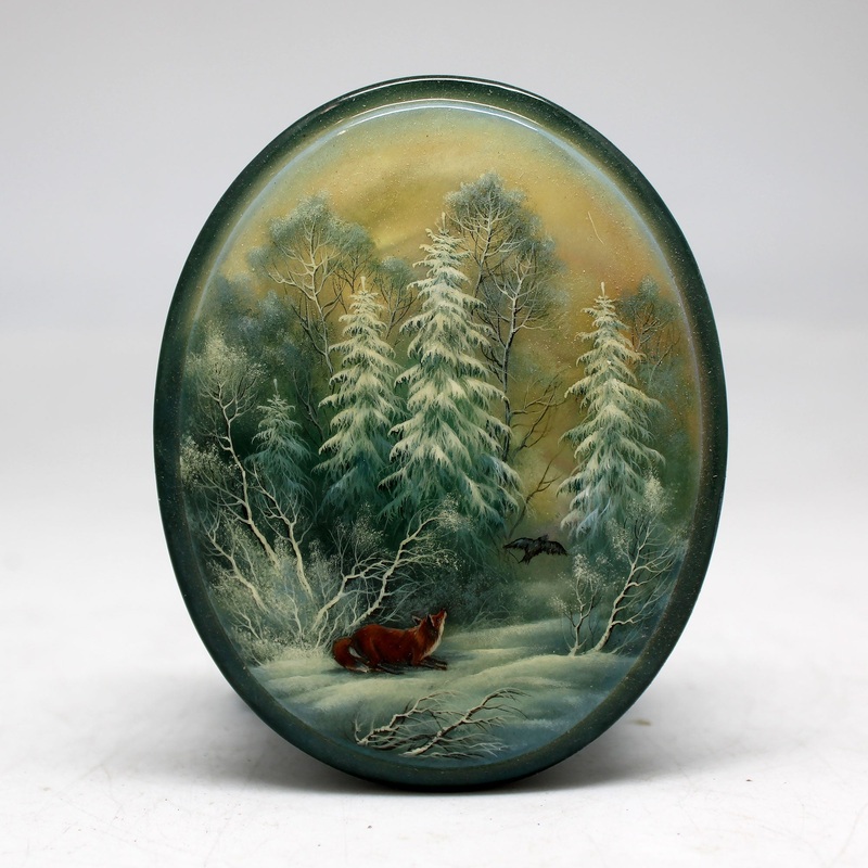 Handpainted At the Forest One-of-a-Kind Fedoskino Papier Mache Lacquered Miniature Box 3.5 x 3 Unique Handmade Gift Collectible and Home Decoration