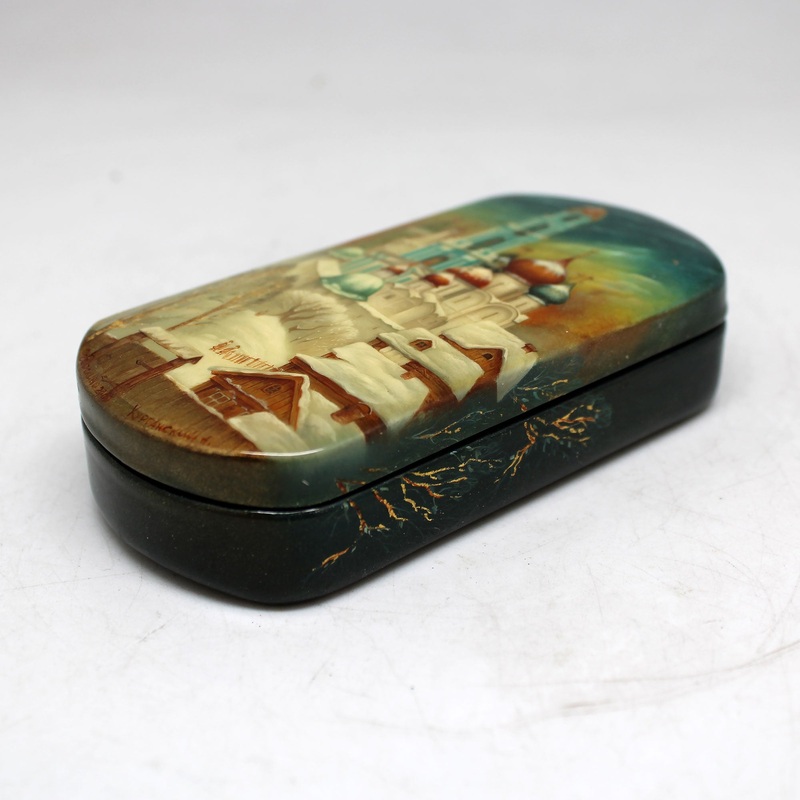 Handpainted Golden Cathedrals One-of-a-Kind Fedoskino Papier Mache Lacquered Miniature Box 5 x 3.5 Unique Handmade Gift Collectible and Home Decoration