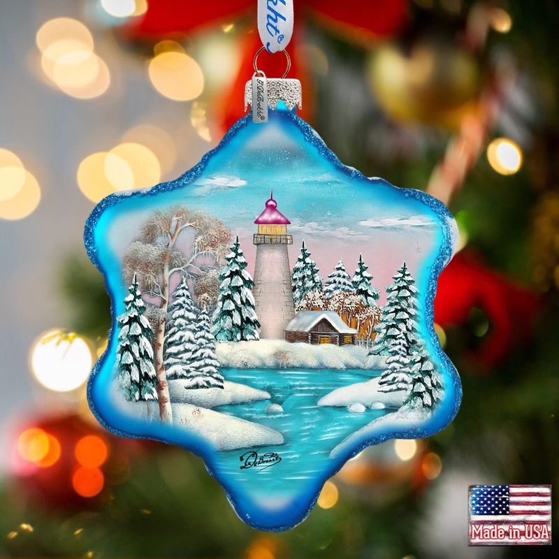 Lighthouse Snowflake Glass Ornament by G. DeBrekht – Coastal Holiday Decor – 754-007