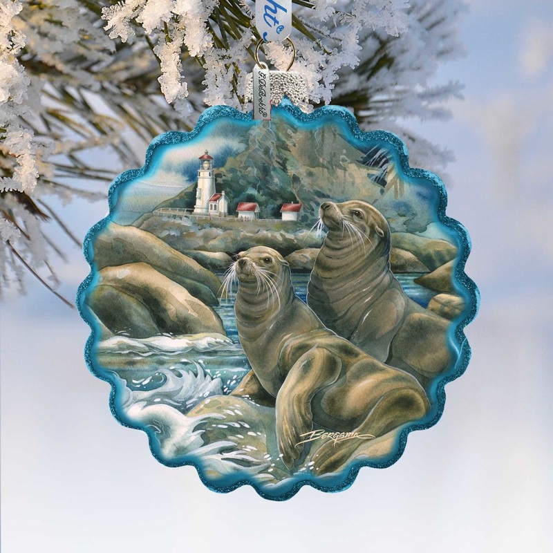 Lions of the Sea Lighthouse Caves Wreath Glass Ornament by J. Bergsma – Wildlife Holiday Decor – 759-883-JB