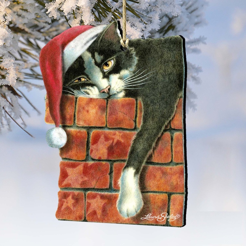 Peeking Tom Santa Cat Wooden Ornaments – Tree Ornament by Laura Seeley – Pets Dog and Cats Decor – 8512062-LS