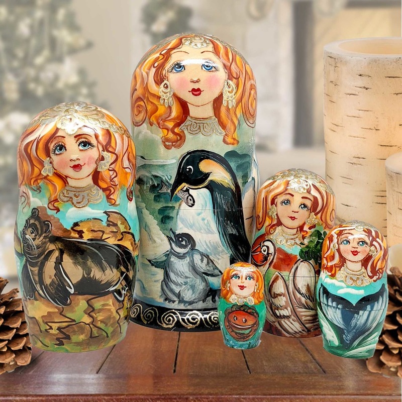 Penguins Family Matreshka Nesting Hand-Painted Doll Set of 5 by G. DeBrekht – Coastal Holiday Decor – 140811