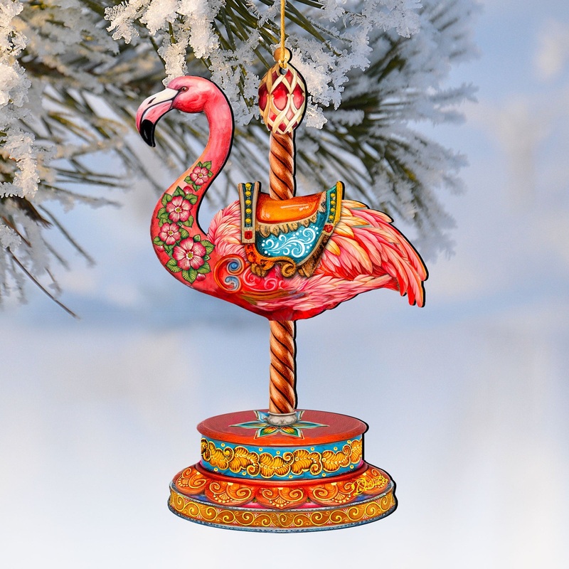 Pink Flamingo Carousel Christmas Wooden Ornaments by G. DeBrekht – Carousel Holiday Decor – 8652752
