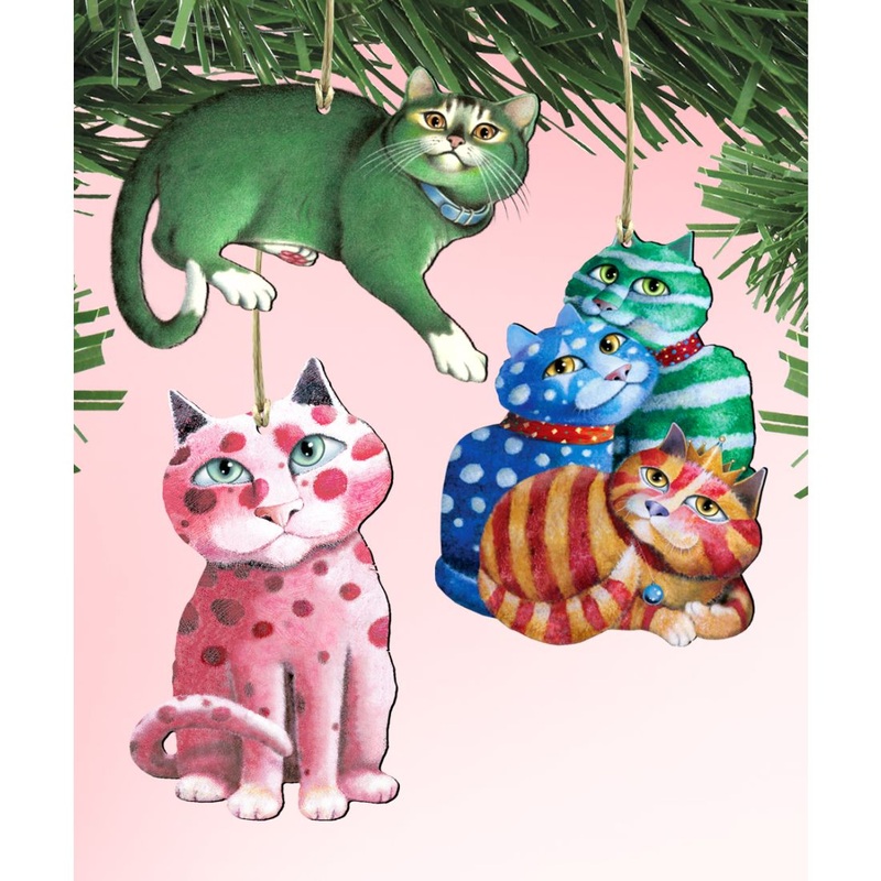 Rainbow Cats Wooden Ornaments Set of 3 by Laura Seeley – Pets Dog and Cats Decor – 8100102S3-LS