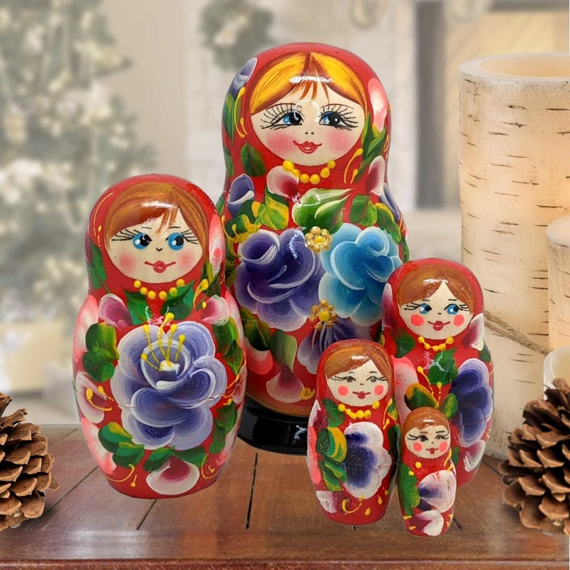 Red Floral Matreshka Nesting Hand-Painted Dolls Set of 5 by G. DeBrekht – Christmas Dcor – 140138