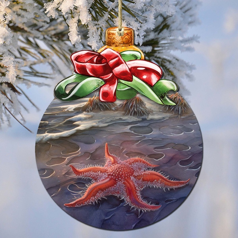 Red Sunflower Sea Star Wooden Ornaments by  – Wildlife Holiday Decor – 870019