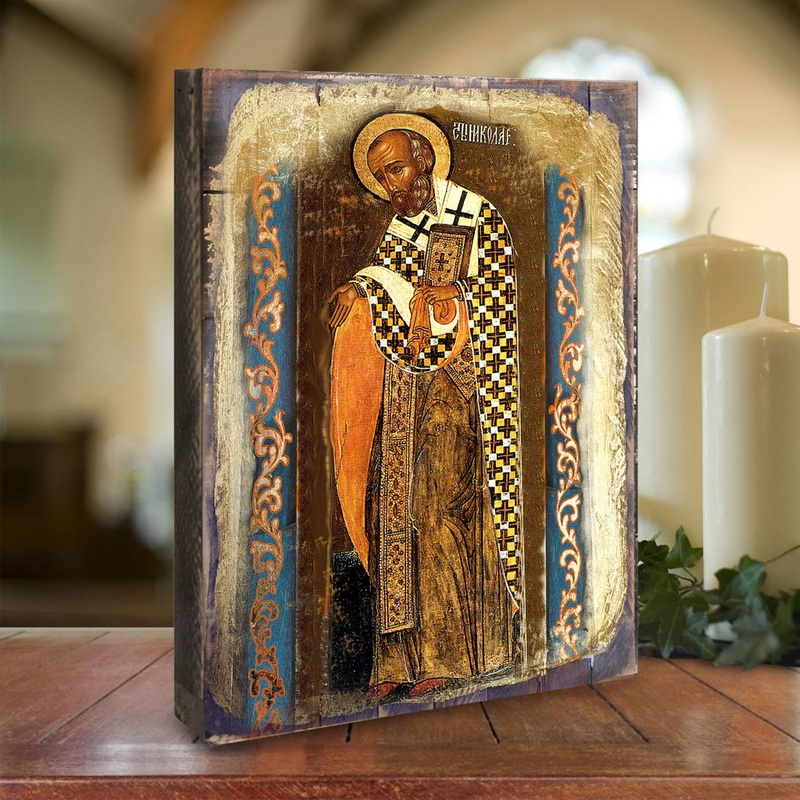 Saint Nicholas Wooden Gold Plated Religious Orthodox Sacred Icon – Inspirational Icon Decor – 85033