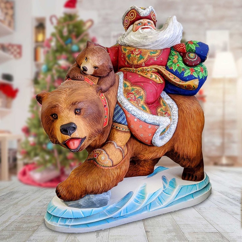 Santa Grizzly Bear Family Ride Limited Edition Hand-Painted WOODCARVED Figurine by G. DeBrekht – Christmas Decor – L2000020 *** PRE-ORDER – Handmade Just for You! ***