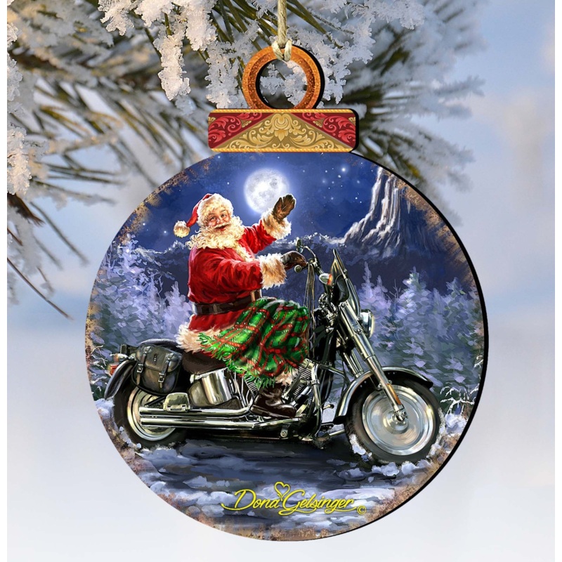 Santa Motorcycle Rider Wooden Ornaments by Gelsinger – Christmas Santa Snowman Decor – 8021029-1553
