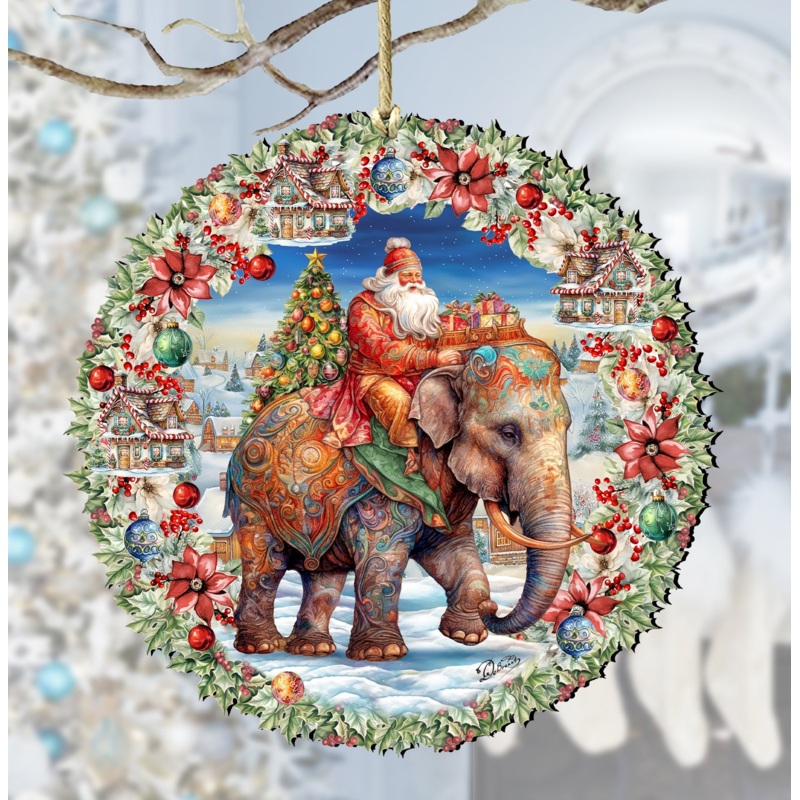 Santa on Elephant Wreath Wooden Ornaments by G. Debrekht Christmas Santa Snowman Decor – 8611043