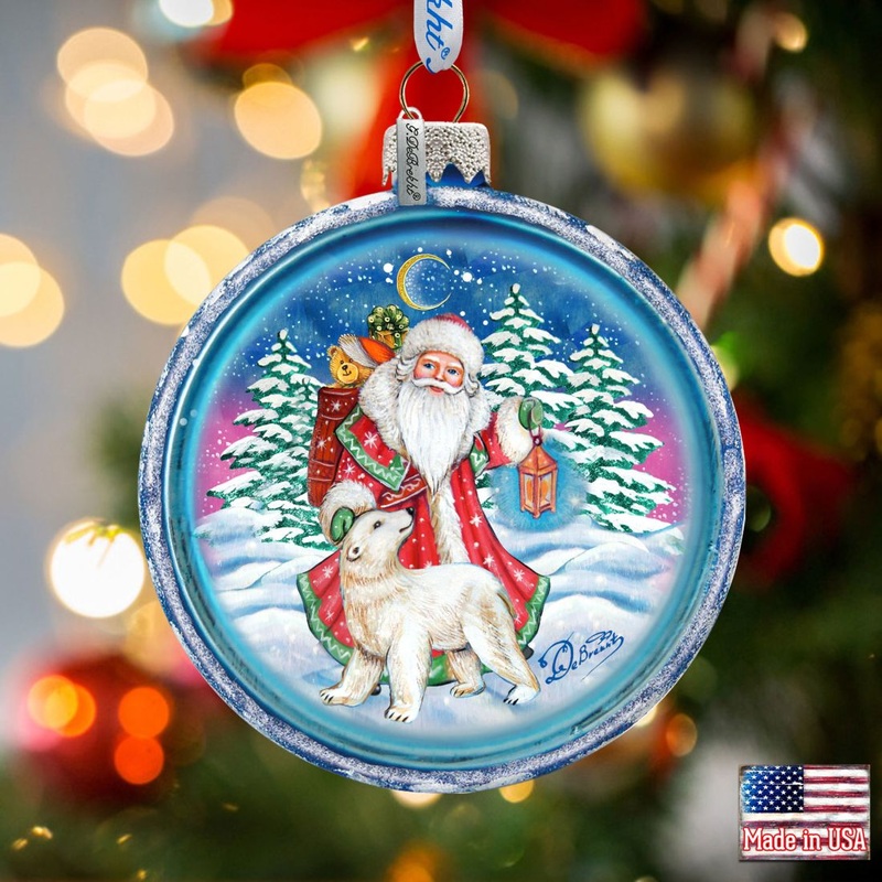 Santa With Polar Bear Cut Ball Glass Ornament by G. DeBrekht – Christmas Santa Snowman Decor – 764-028