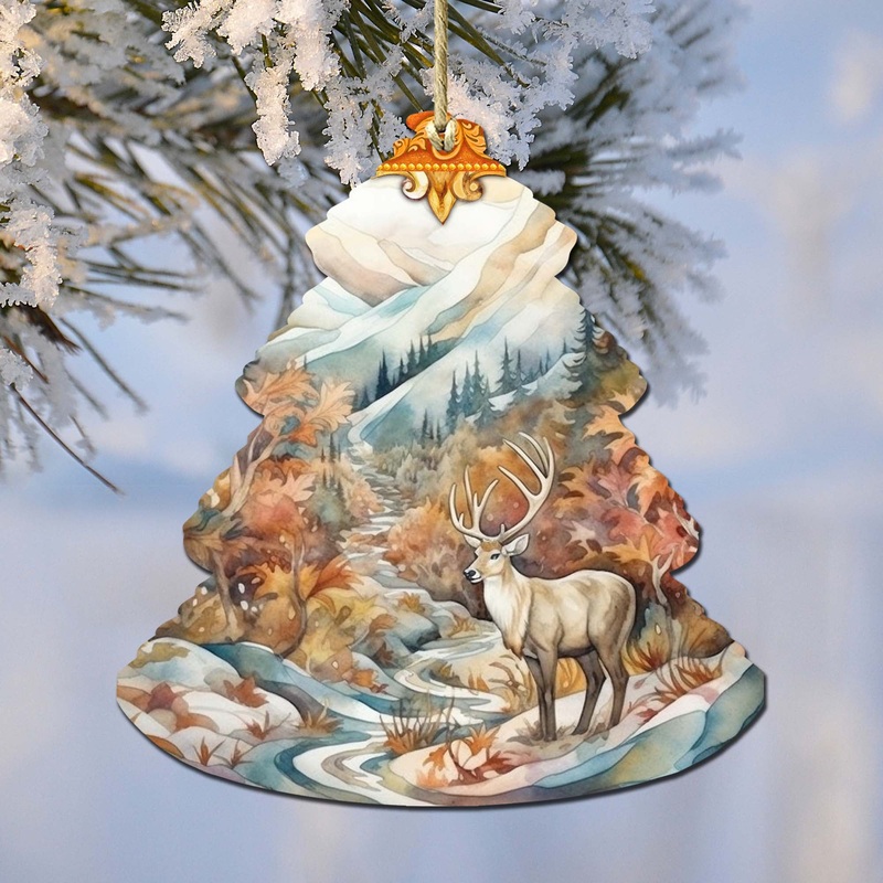 Snowy Summit Elk Tree Wooden Ornaments by  – Wildlife Holiday Decor – 870005