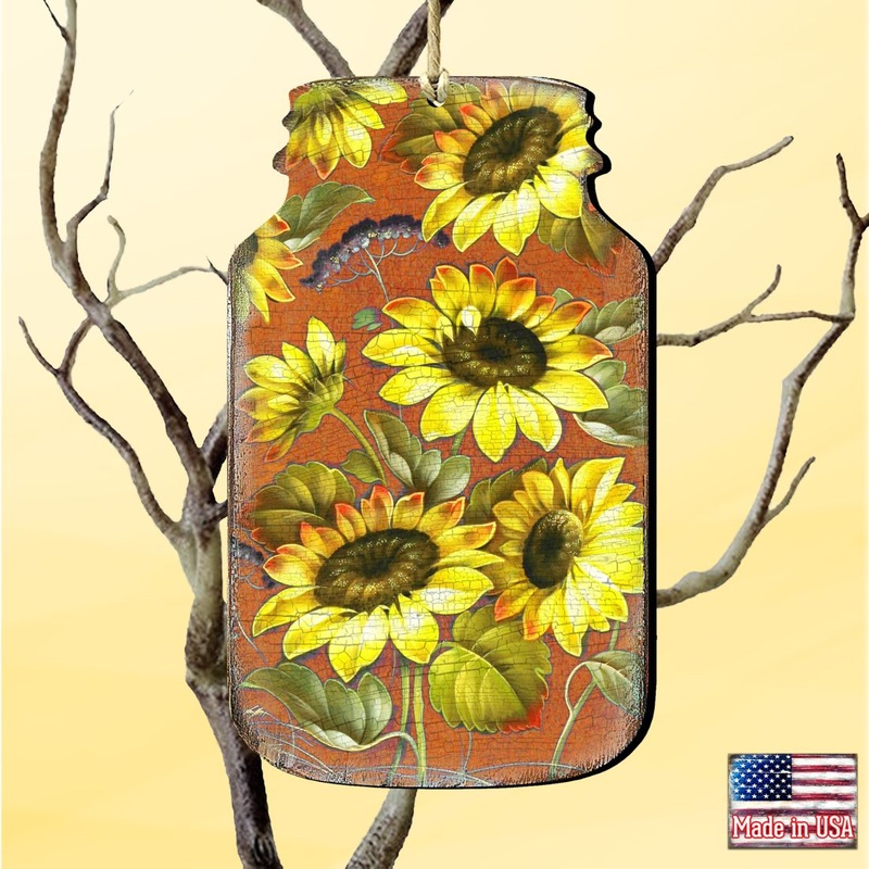 Sunflower Mason Jar Wooden Ornaments by G. DeBrekht – Thanksgiving Halloween Decor – 8158906