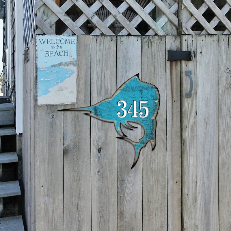 Swordfish Coastal Personalized House Number Sign by G. Debrekht – Coastal Sea-Life Decor – Handcrafted Wooden Handcrafted Wooden Handcrafted Wooden Address Sign – MA98549